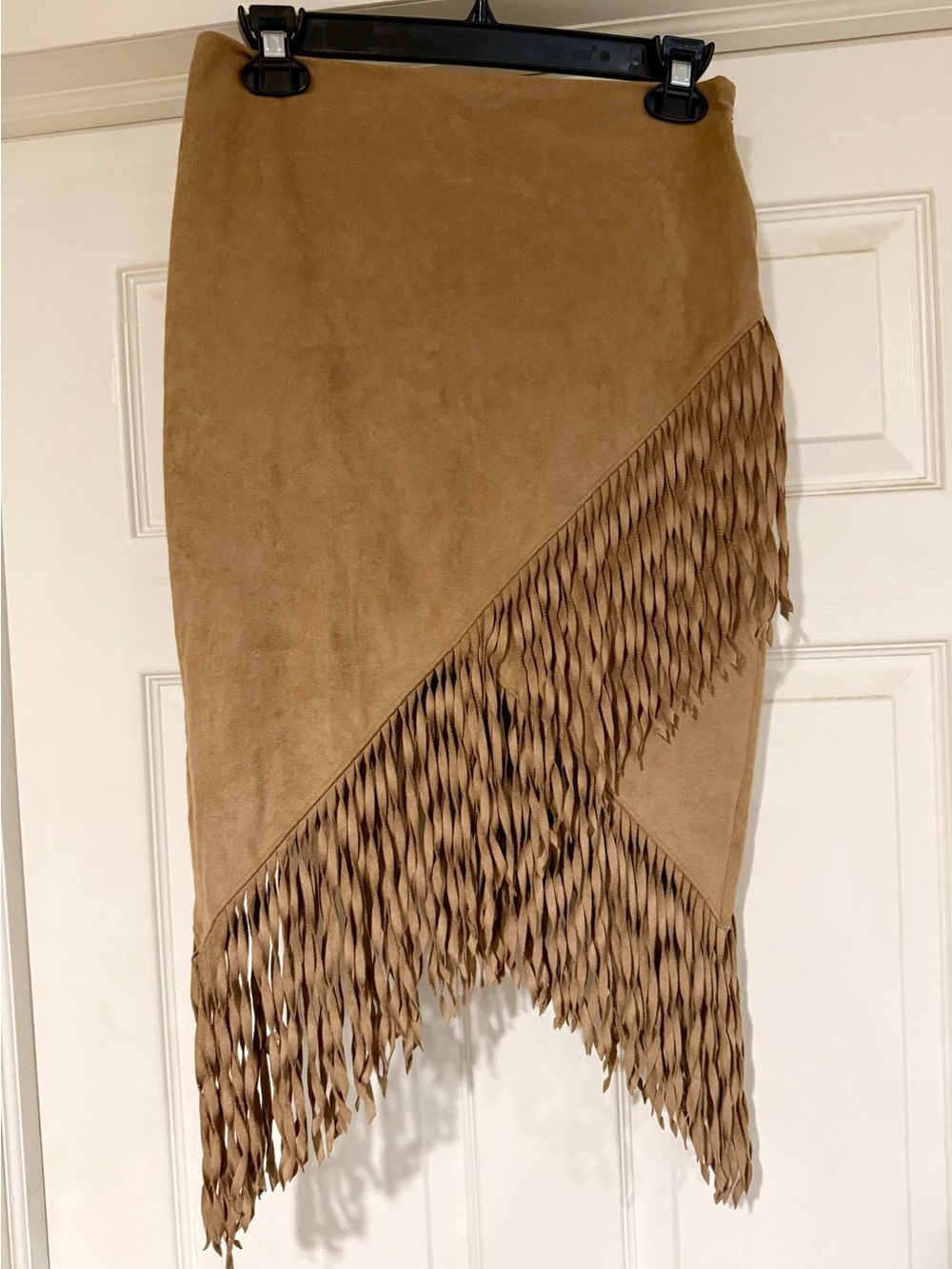 Express Asymmetrical Fringe Faux Suede Skirt in Tan